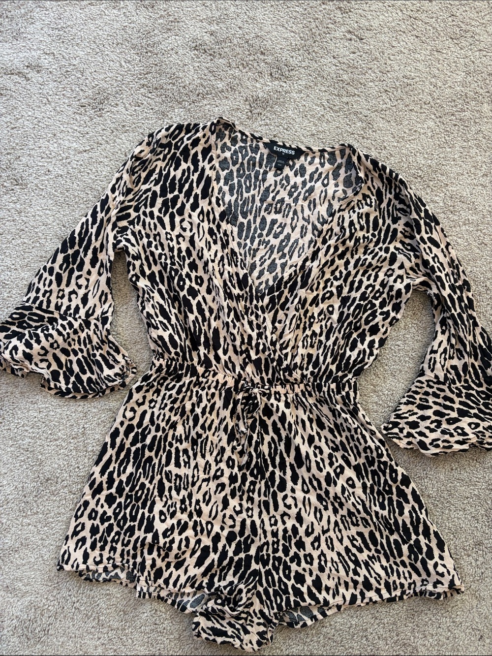 Express Leopard-Print Tie-Waist Romper in Beige and Black